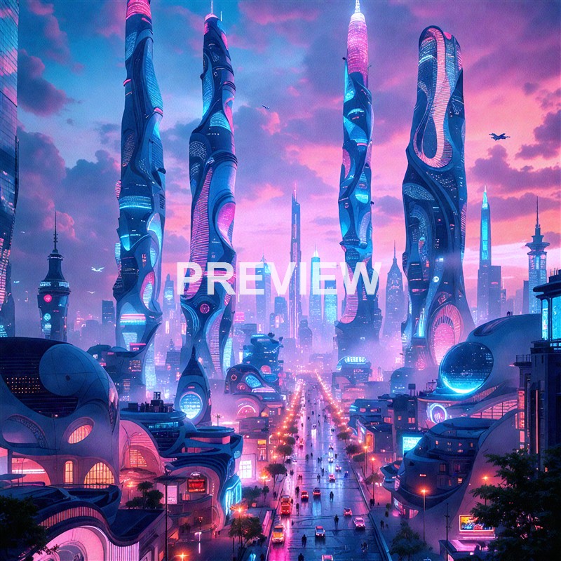 A futuristic cityscape with towering, uniquely shaped skyscrapers illuminated by neon lights under a pink and purple sunset sky, with flying vehicles and a busy street below.